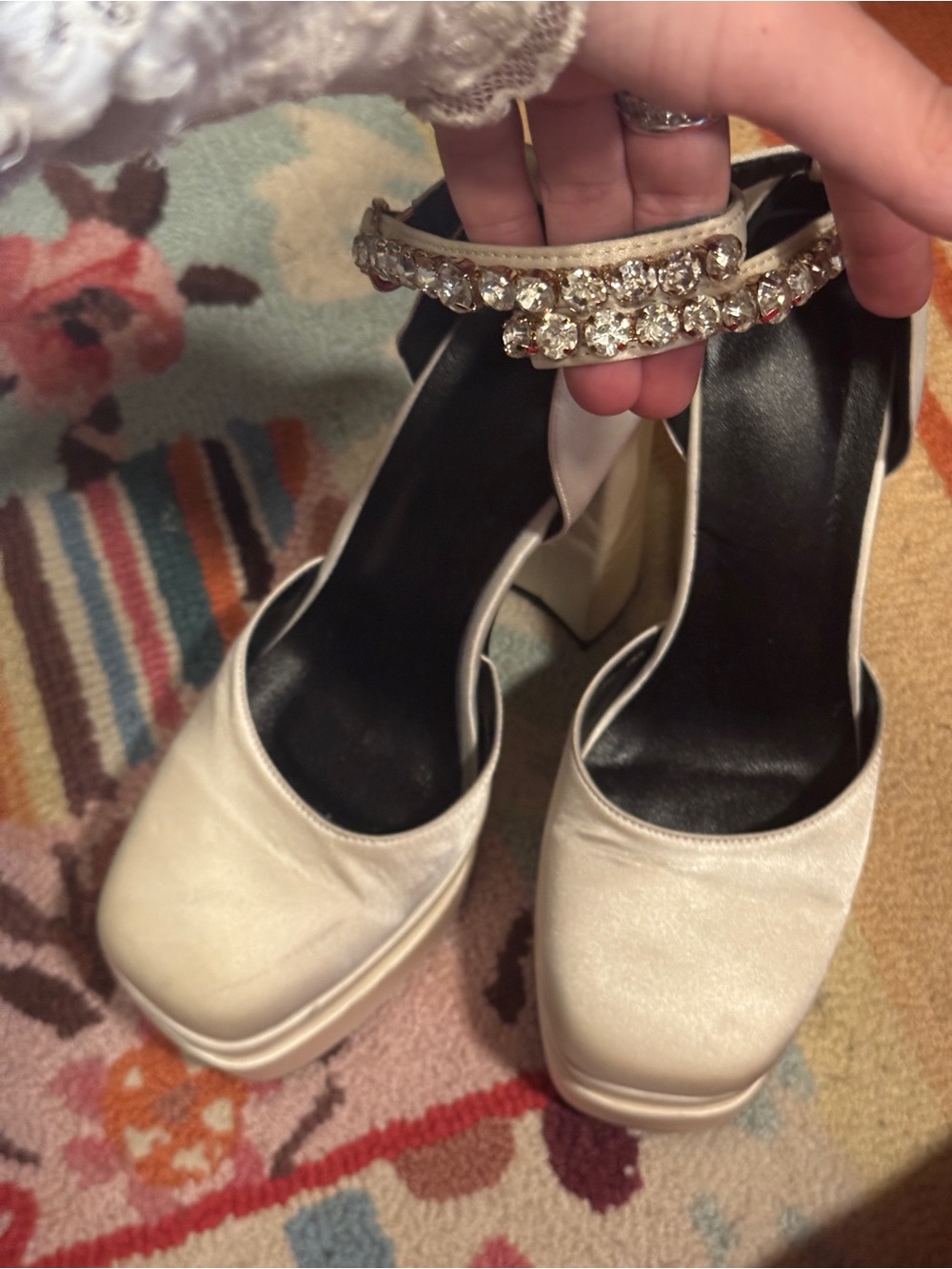 Women's White Rhinestone Ankle-Strap Platform Heels